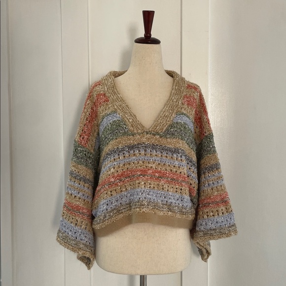 LALAVON Boxy Crop V-Neck Short Sleeve Open Knit Multi Color Sweater Top Size S - Picture 2 of 10